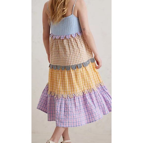 Stella Nova Lillibeth Gingham Scallop Layered Dress Midi 40 Large Anthropologie - Picture 2 of 8